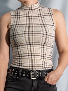Willow Beige Plaid Ribbed Mock Neck Tank